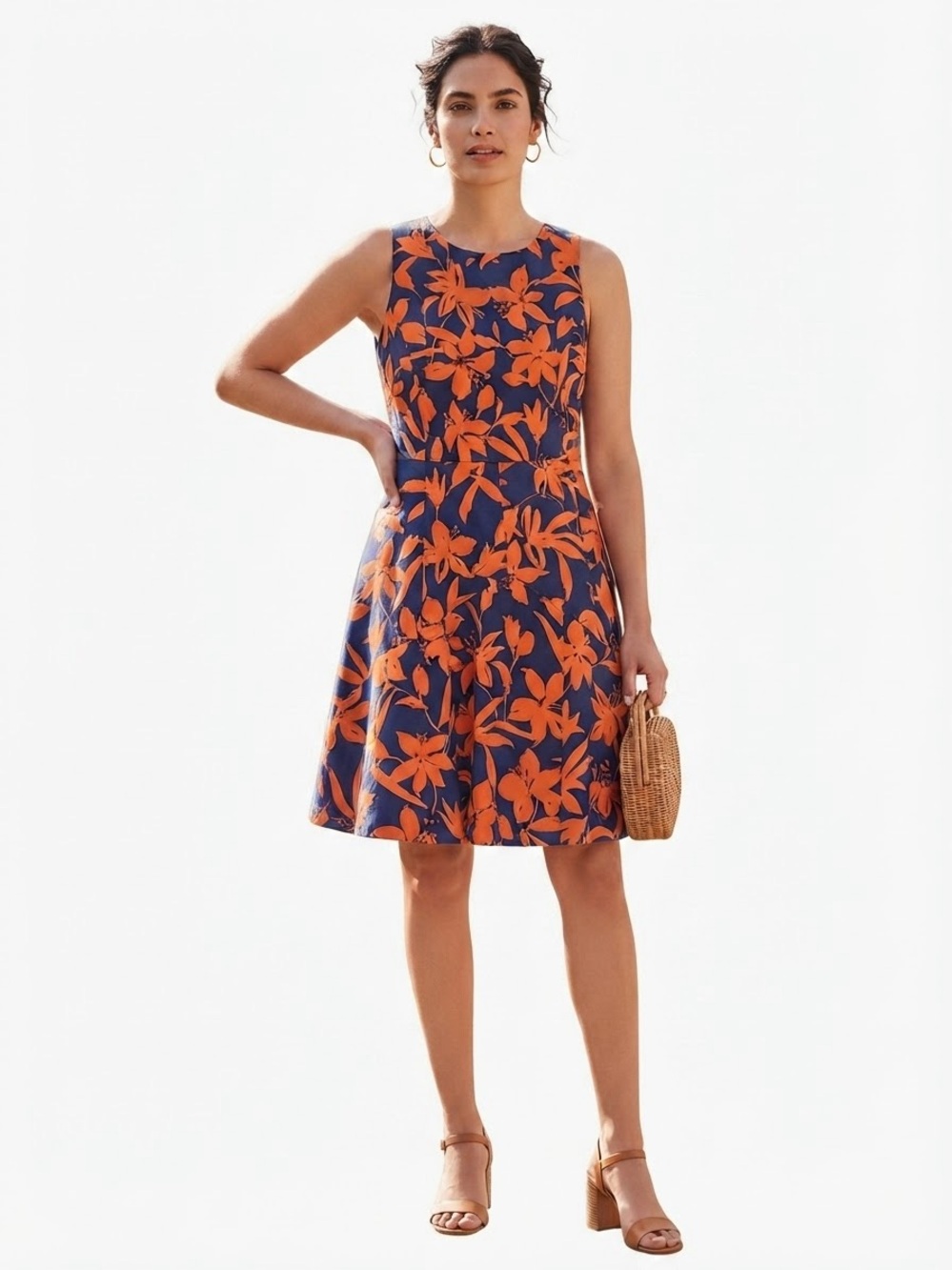 J.Crew Navy Blue & Orange Floral Sleeveless A-Line Dress Size 14
